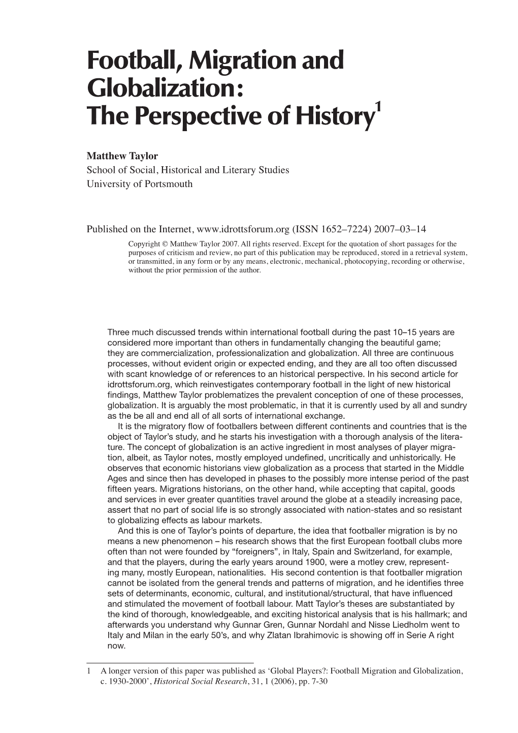 Football, Migration and Globalization: the Perspective of History