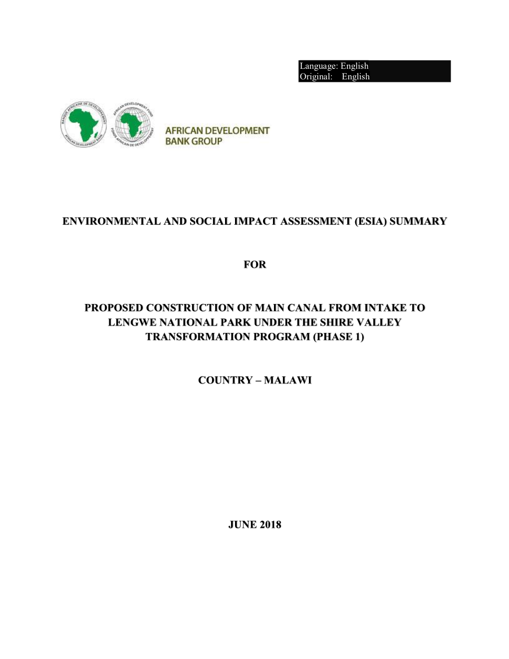 Environmental and Social Impact Assessment (Esia) Summary