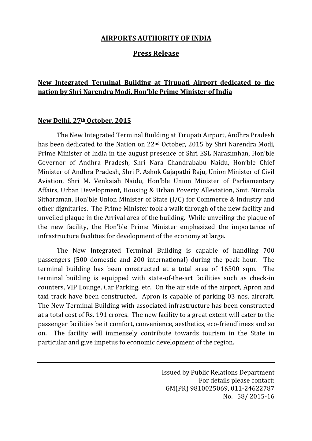 AIRPORTS AUTHORITY of INDIA Press Release