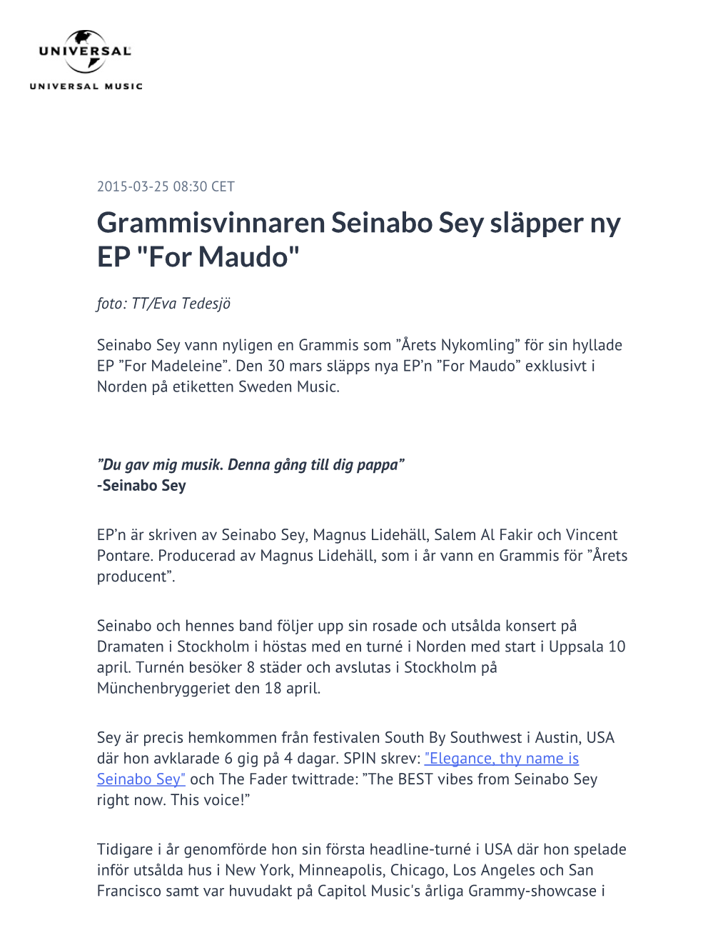 Grammisvinnaren Seinabo Sey Släpper Ny EP "For Maudo" Foto: TT/Eva Tedesjö