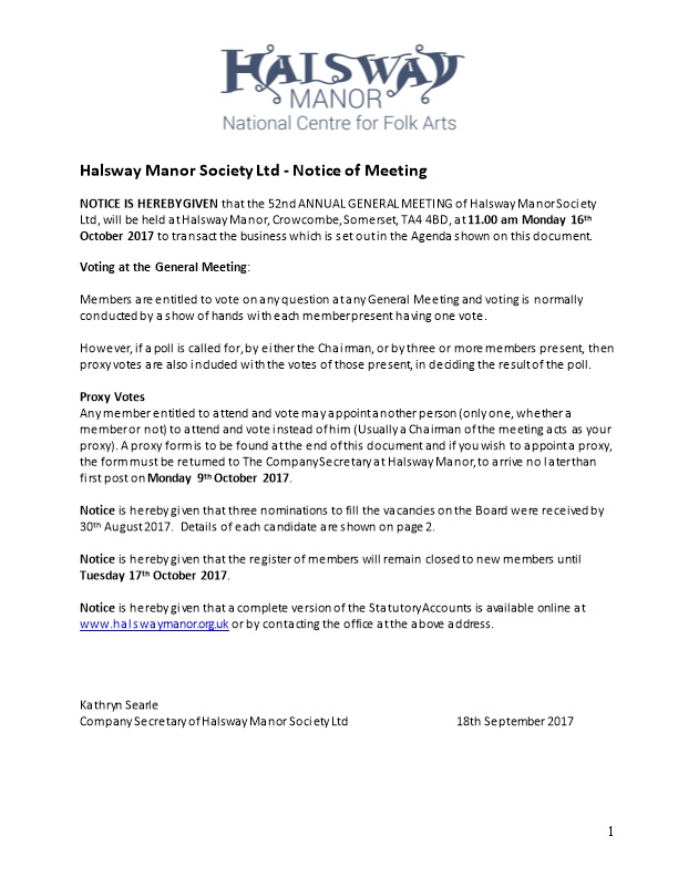 Agenda for Halsway Manor Society Ltd