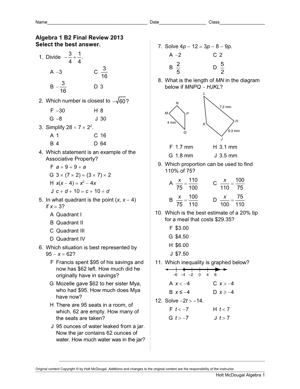 Algebra 1 B2 Final Review 2013