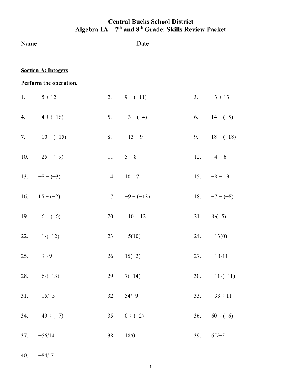 Algebra 1A - 7Th and 8Th - Skills Review Packet Unit 0