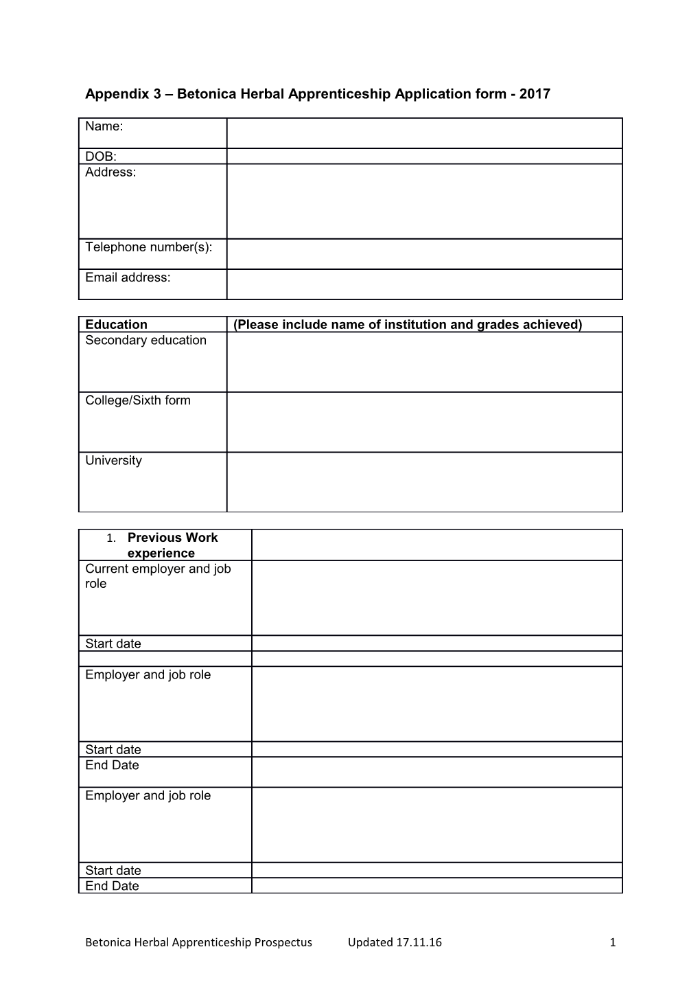 Appendix 3 Betonica Herbal Apprenticeship Application Form - 2017