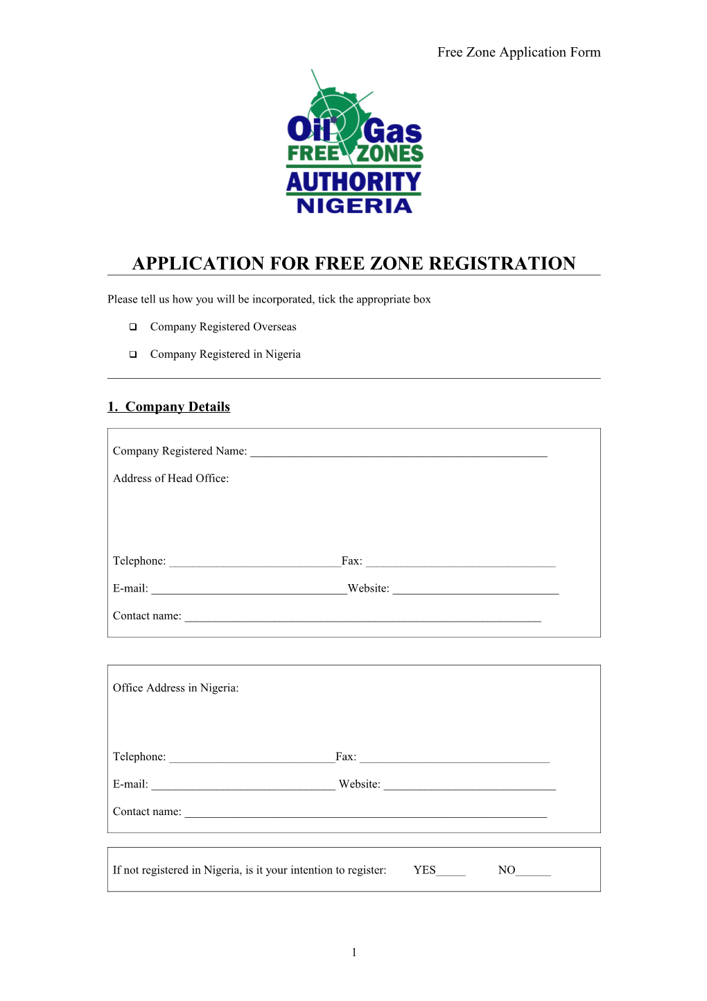 Application for Free Zone Registration