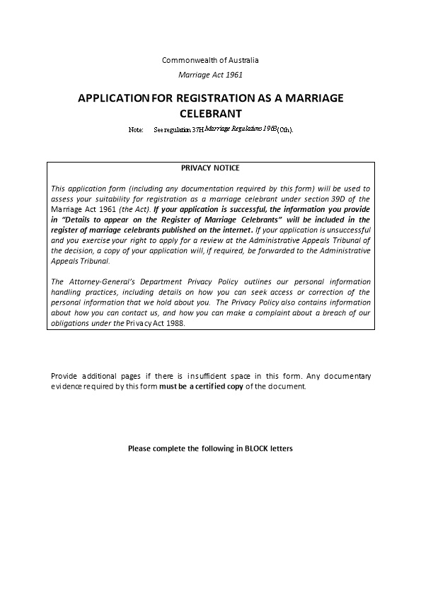Application for Registration As a Marriage Celebrant