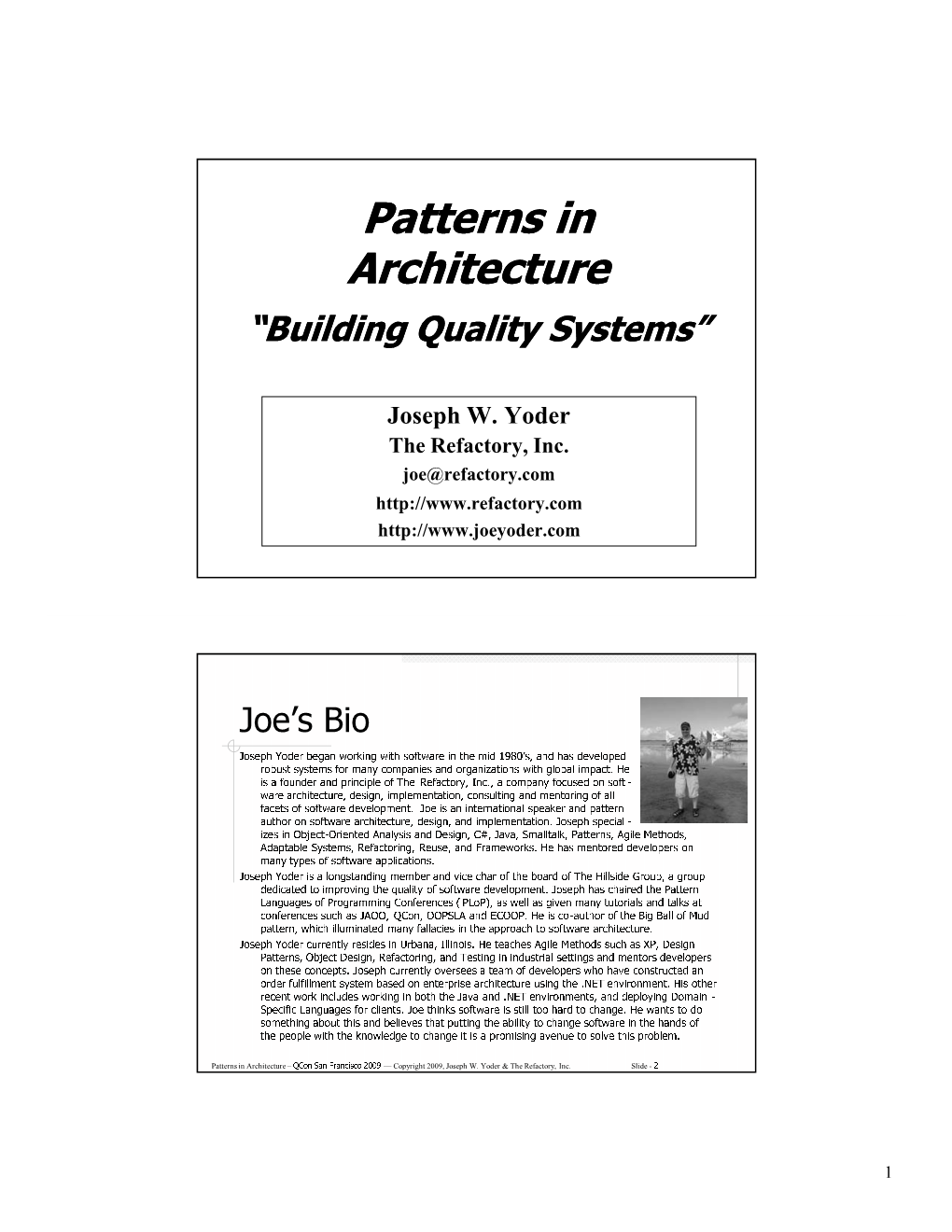 Patterns in Architecture “Building Quality Systems”