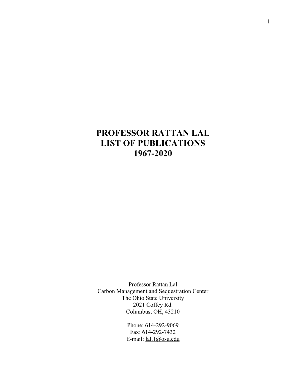 Professor Rattan Lal List of Publications 1967-2020