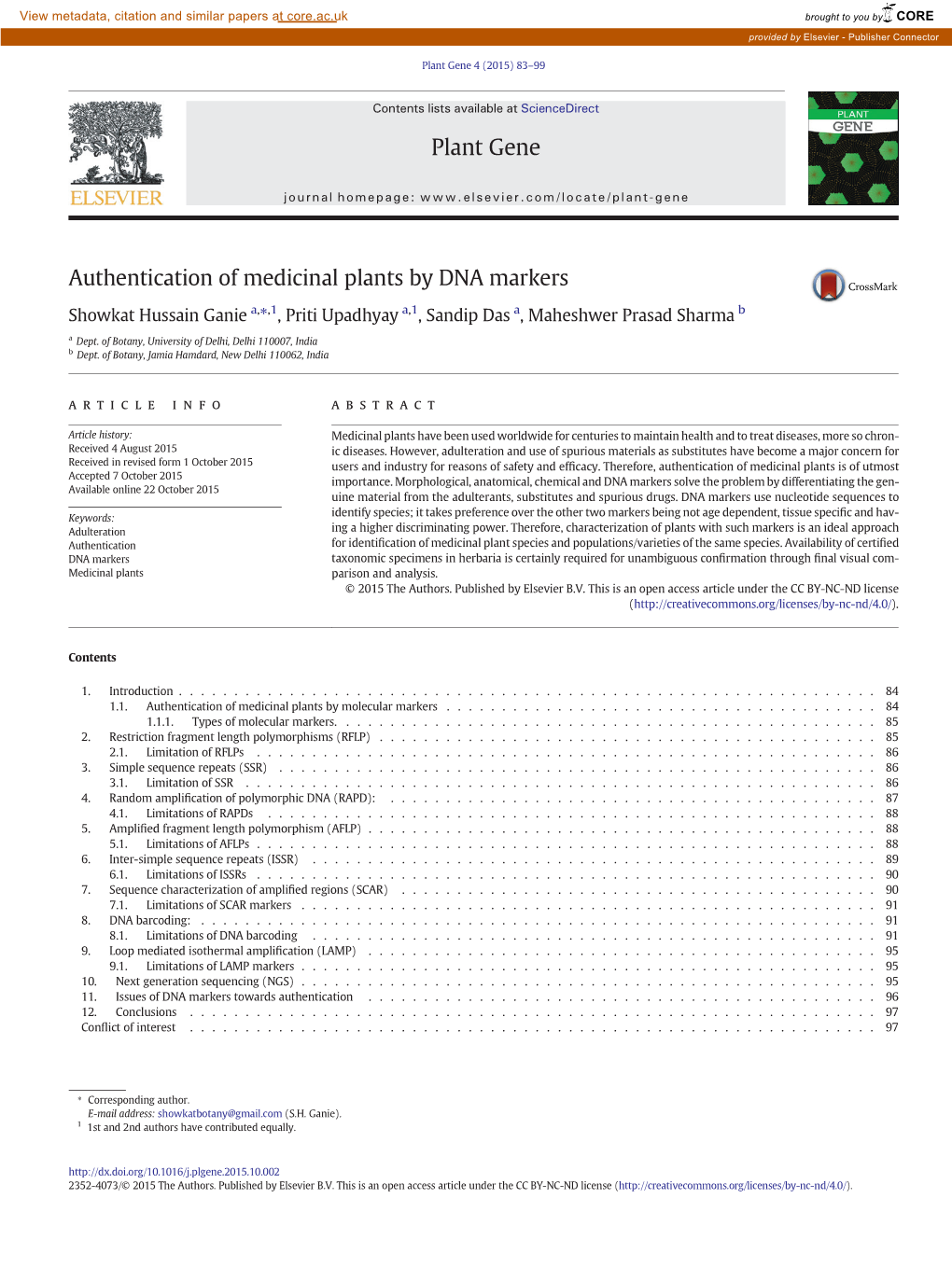 Authentication of Medicinal Plants by DNA Markers