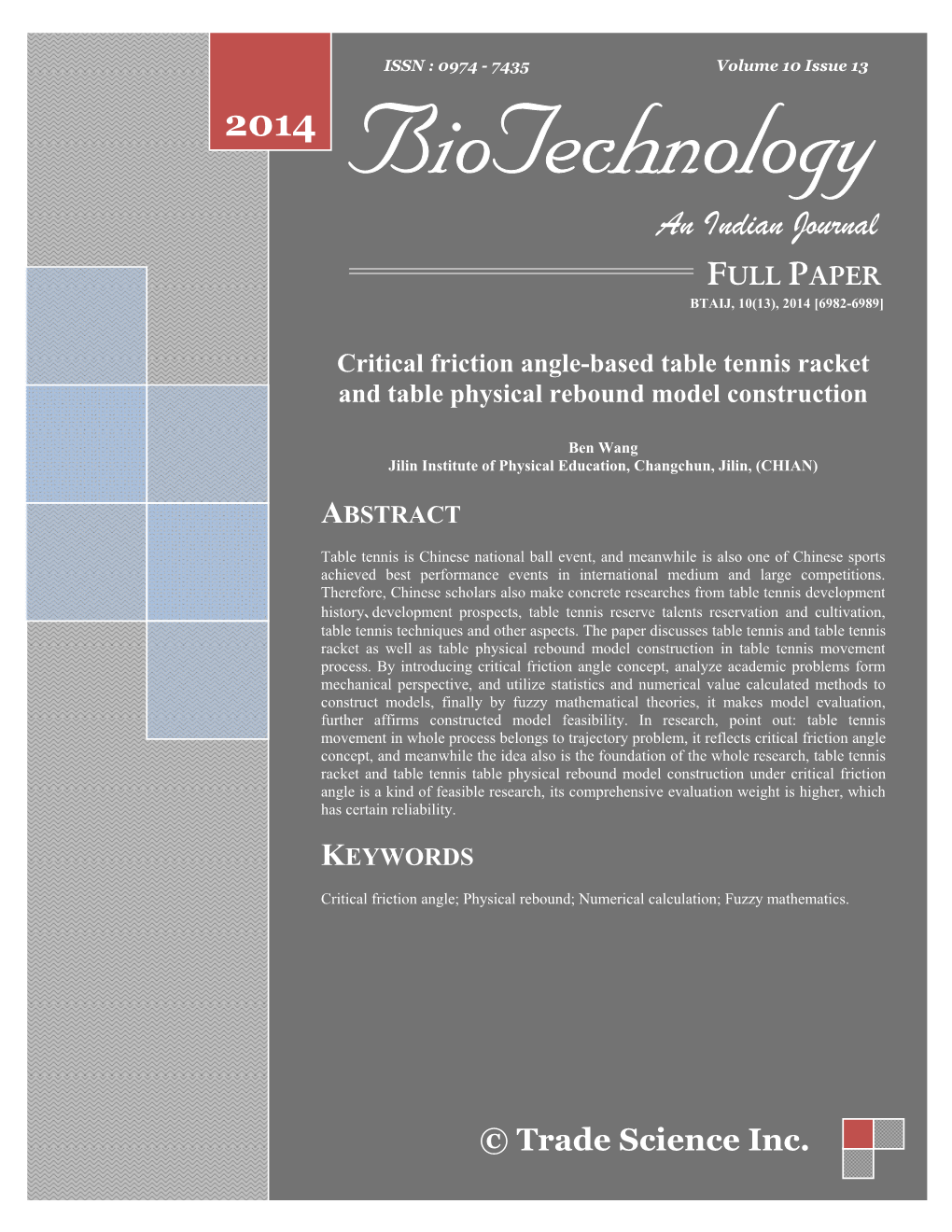 Critical Friction Angle-Based Table Tennis Racket and Table Physical Rebound Model Construction