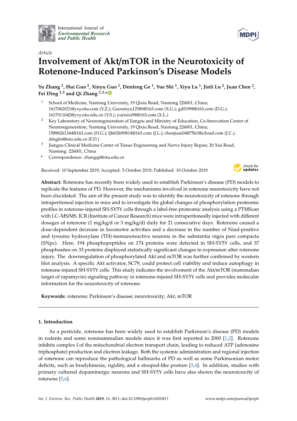 Involvement of Akt/Mtor in the Neurotoxicity of Rotenone-Induced Parkinson’S Disease Models