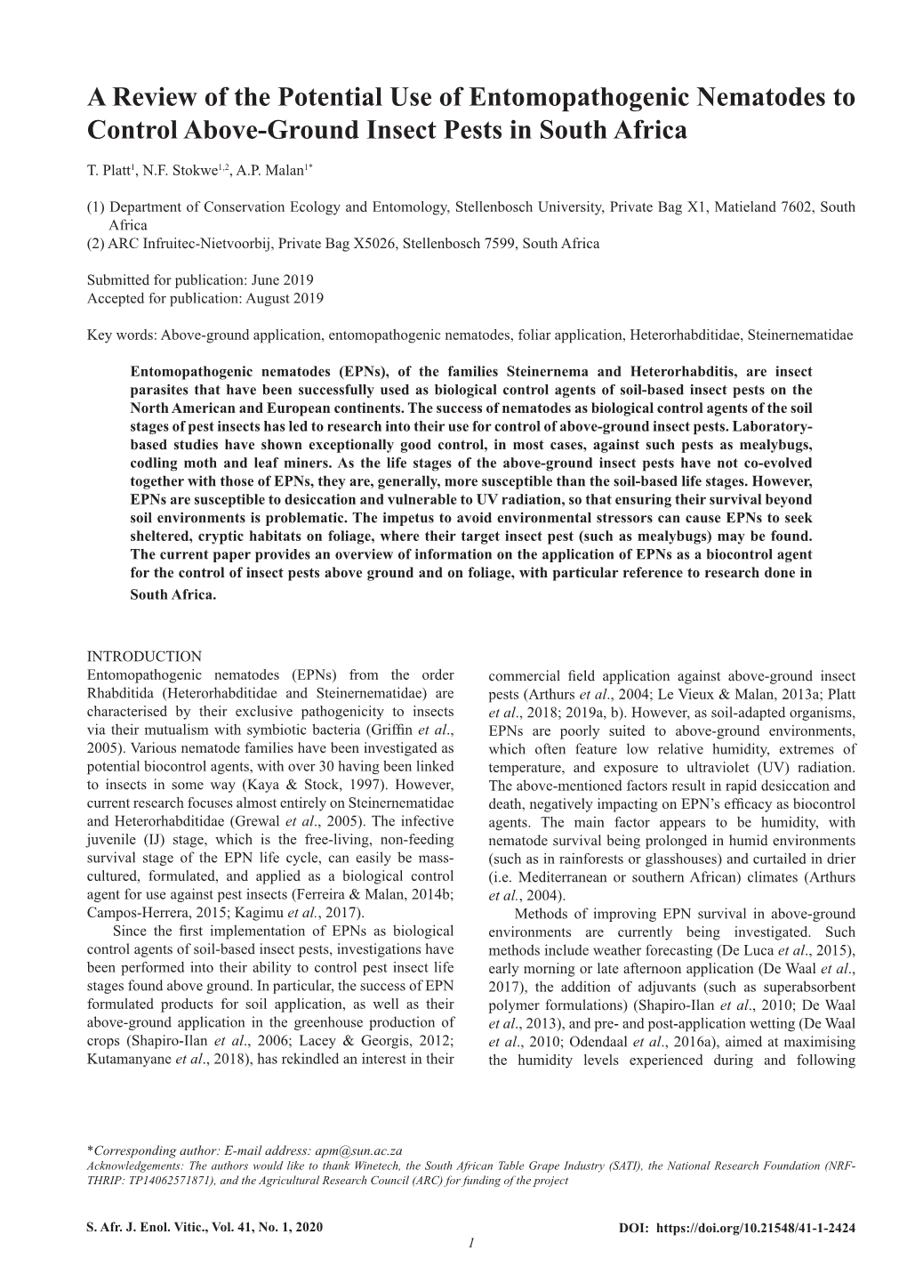 A Review of the Potential Use of Entomopathogenic Nematodes to Control Above-Ground Insect Pests in South Africa