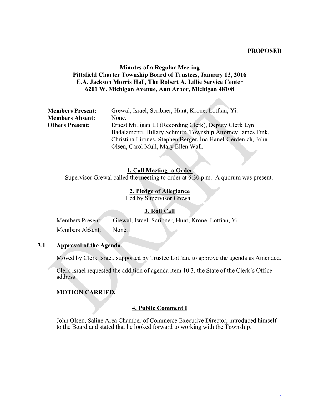 PROPOSED Minutes of a Regular Meeting Pittsfield Charter