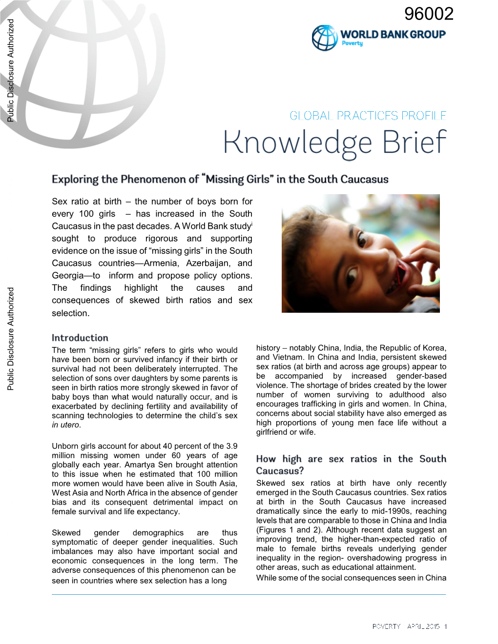 Missing Girls” in the South Public Disclosure Authorized Caucasus Countries—Armenia, Azerbaijan, and Georgia—To Inform and Propose Policy Options