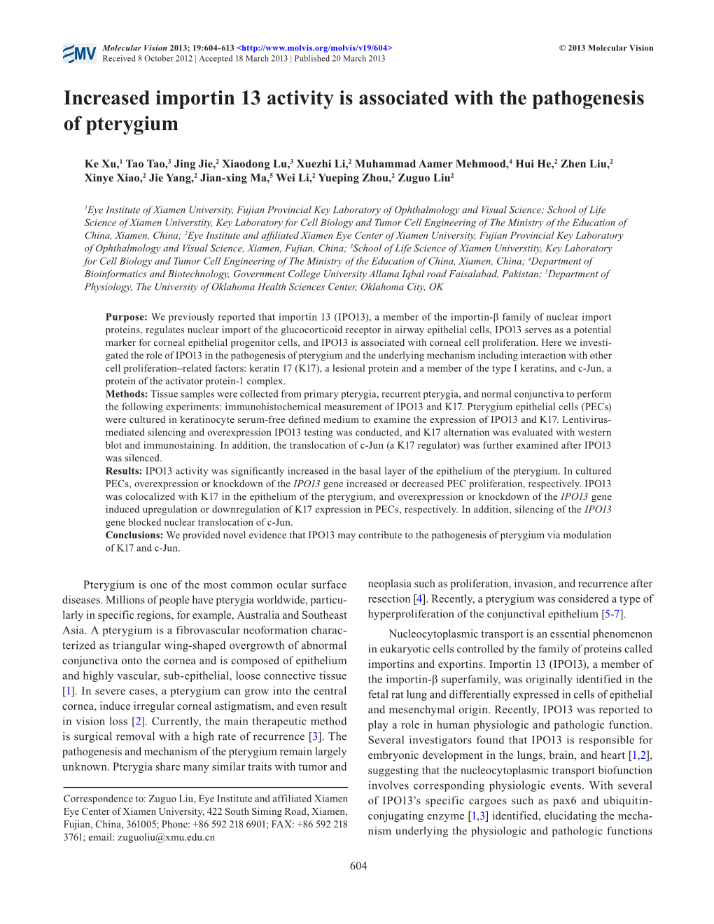 Increased Importin 13 Activity Is Associated with the Pathogenesis of Pterygium