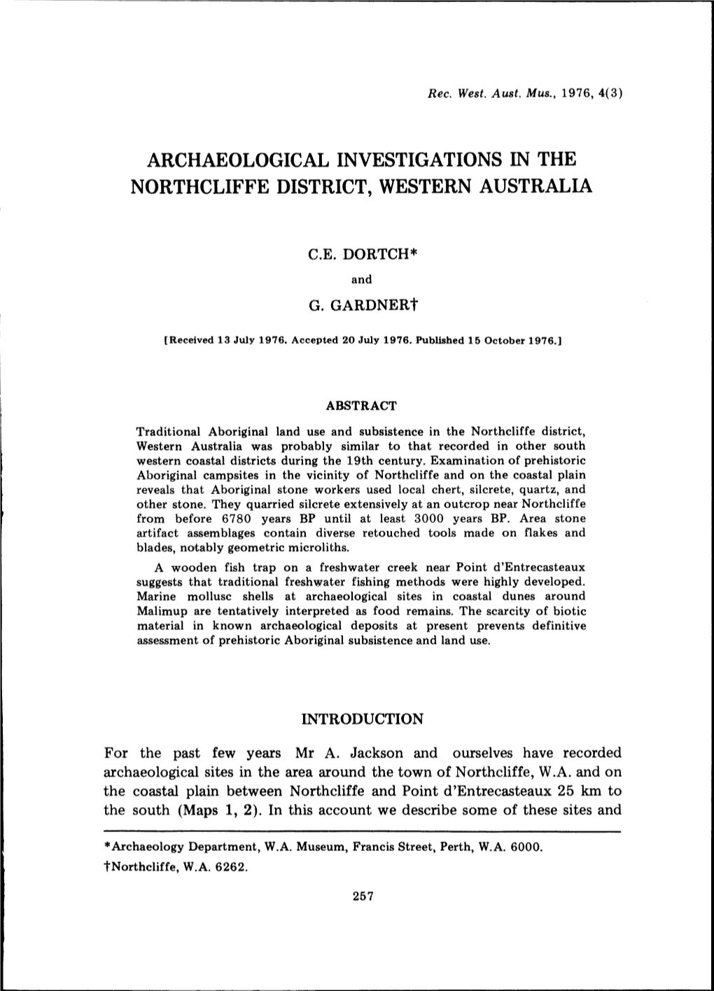 Archaeological Investigations in the Northcliffe District, Western Australia