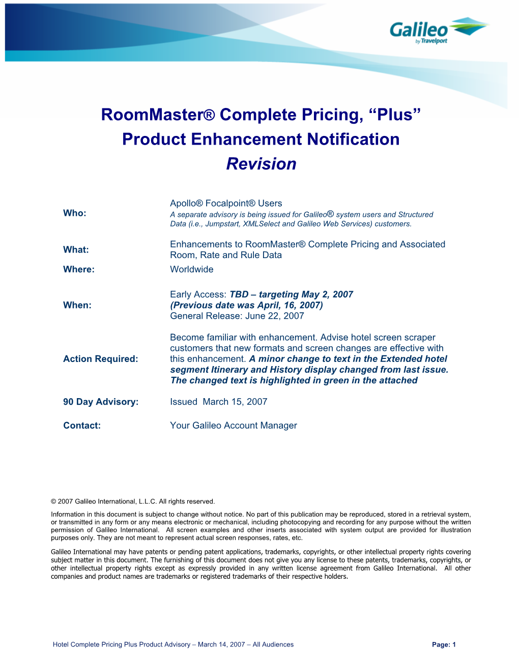 Roommaster® Complete Pricing, “Plus” Product Enhancement Notification Revision