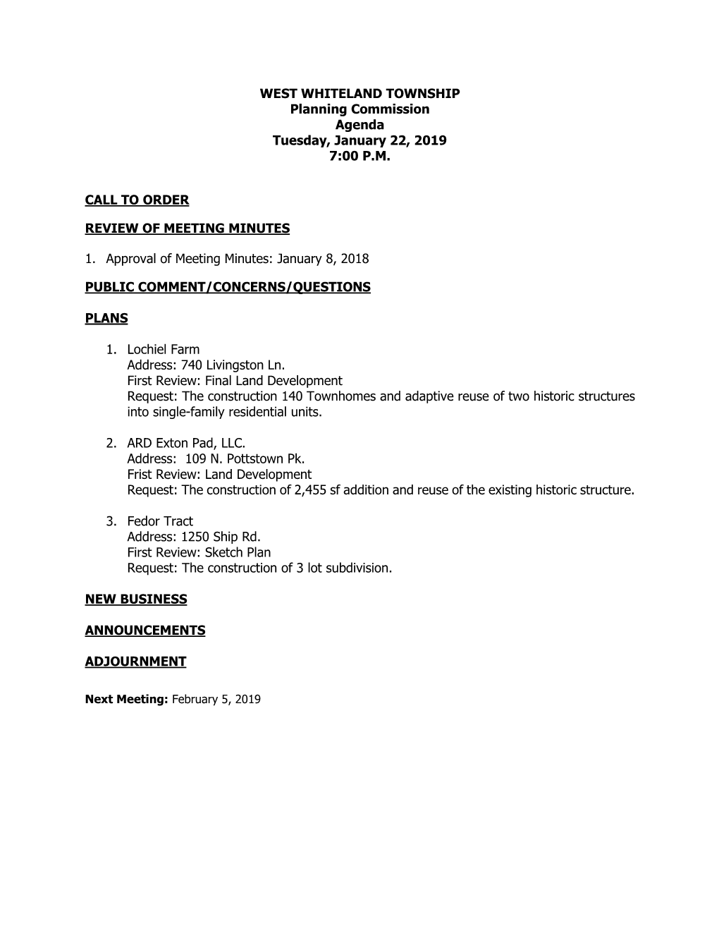 WEST WHITELAND TOWNSHIP Planning Commission Agenda Tuesday, January 22, 2019 7:00 P.M