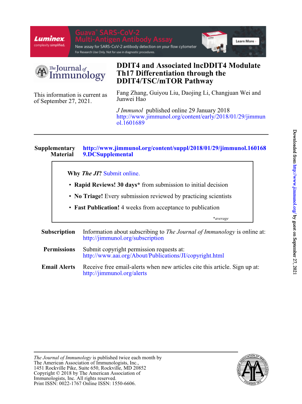 DDIT4 and Associated Lncddit4 Modulate Th17 Differentiation Through the DDIT4/TSC/Mtor Pathway