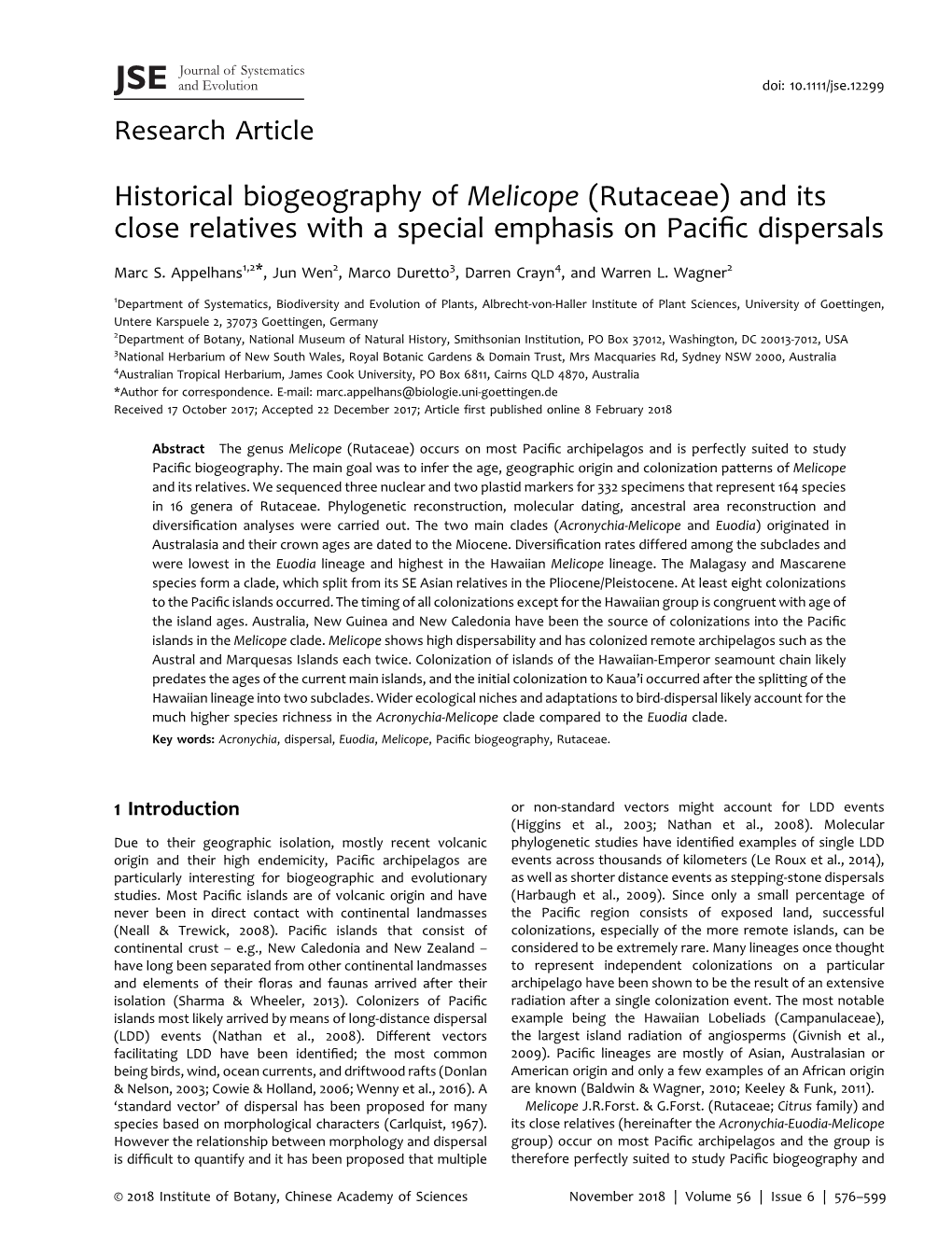 Historical Biogeography of Melicope (Rutaceae) and Its Close Relatives with a Special Emphasis on Paciﬁc Dispersals