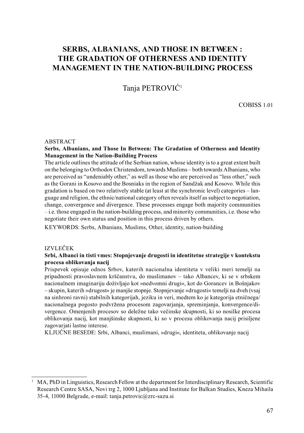 Serbs, Albanians, and Those in Between : the Gradation of Otherness and Identity Management in the Nation-Building Process