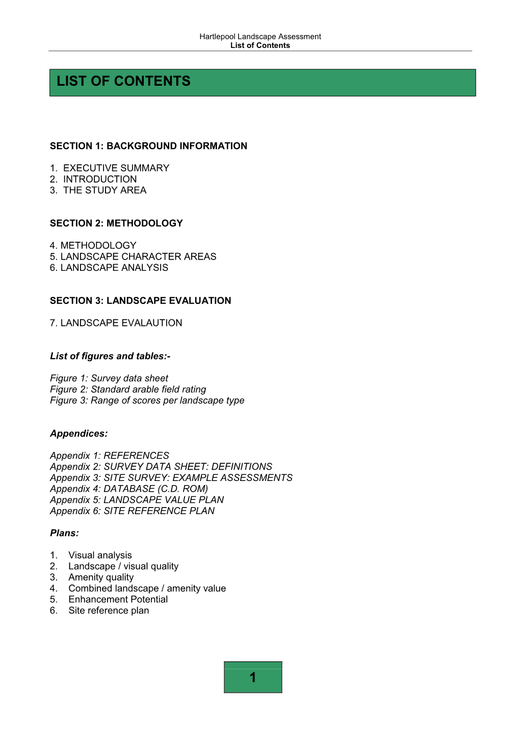 Hartlepool Landscape Assessment List of Contents