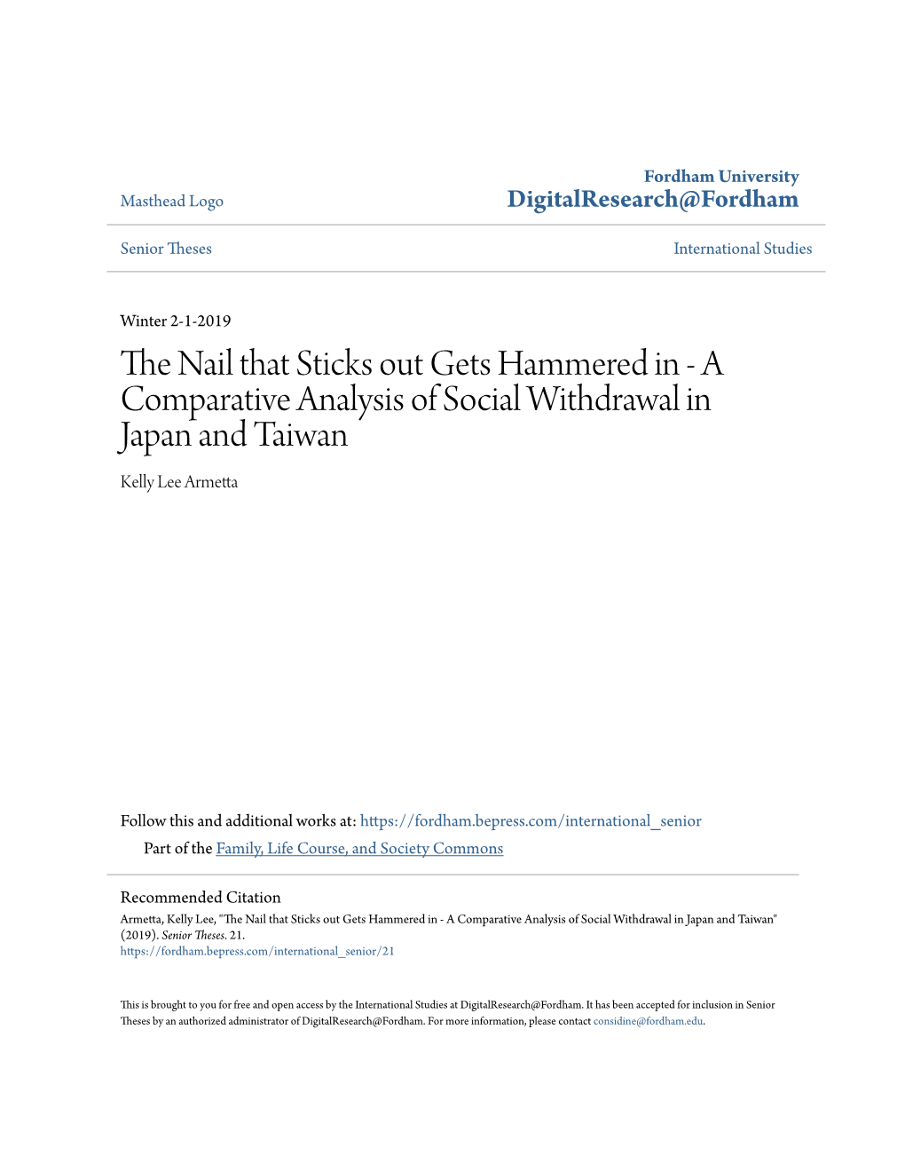 A Comparative Analysis of Social Withdrawal in Japan and Taiwan Kelly Lee Armetta