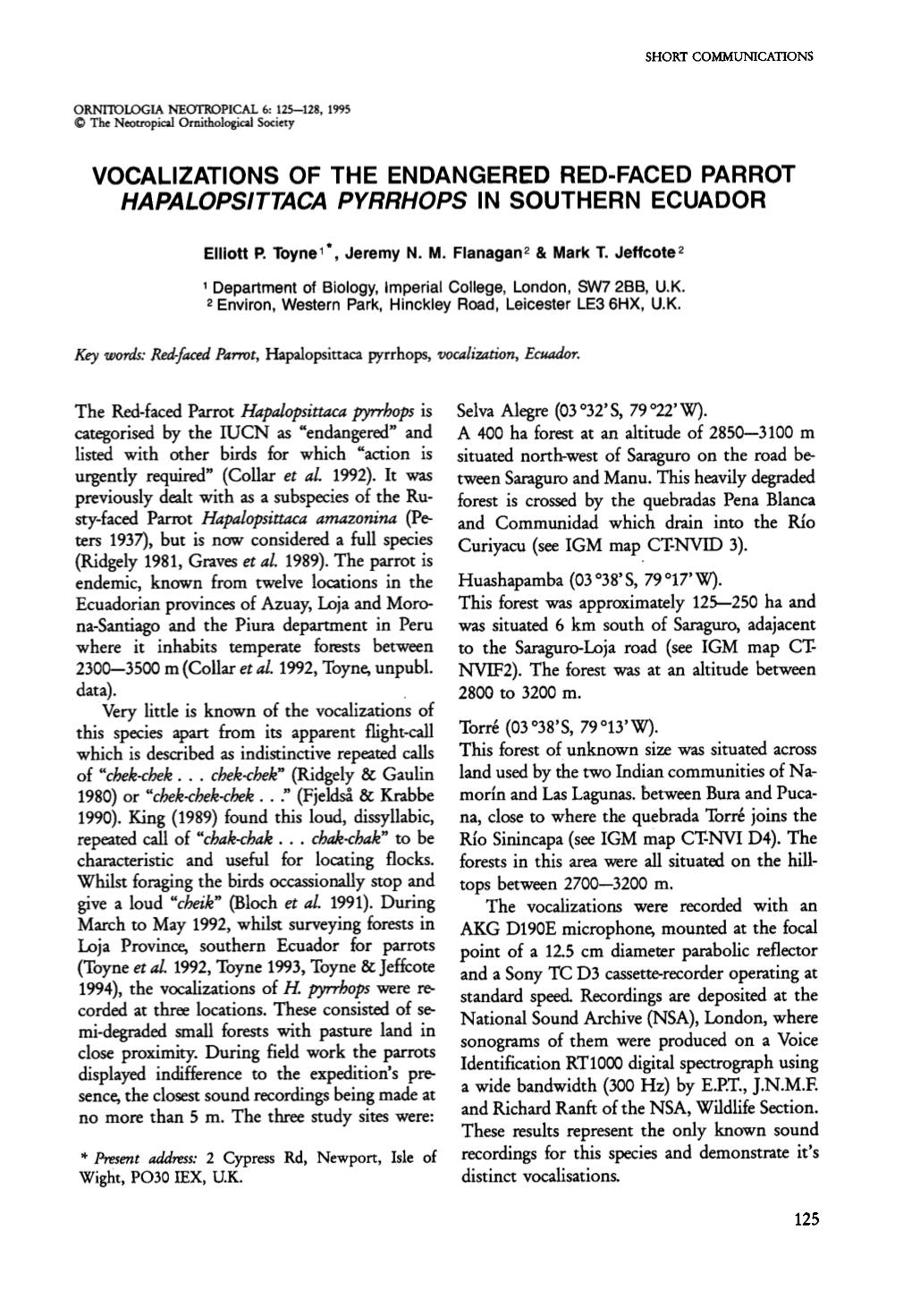 Vocalizations of the Endangered Red-Faced Parrot Hapalopsittaca Pyrrhops in Southern Ecuador