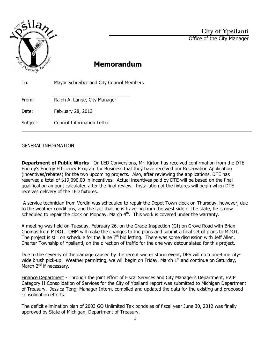 City of Ypsilanti Memorandum