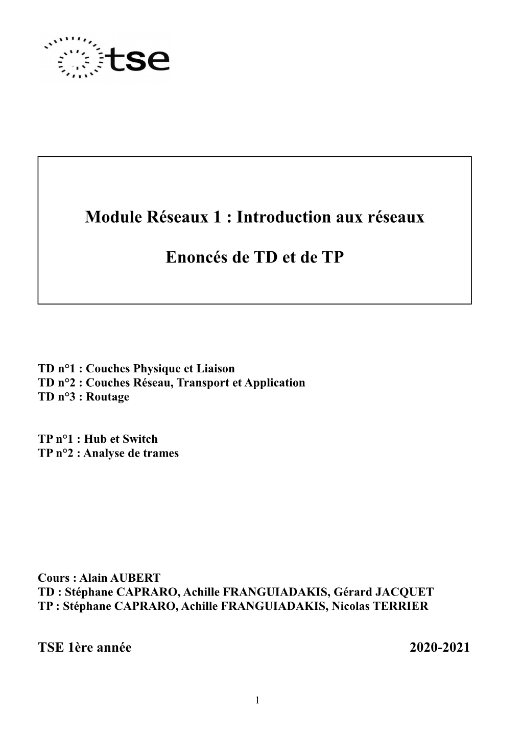 Introduction Aux Réseaux Enoncés De TD Et De TP