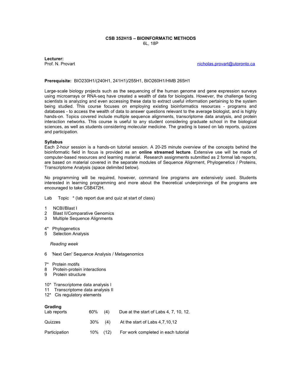 CSB 352H1S Bioinformatic Methods