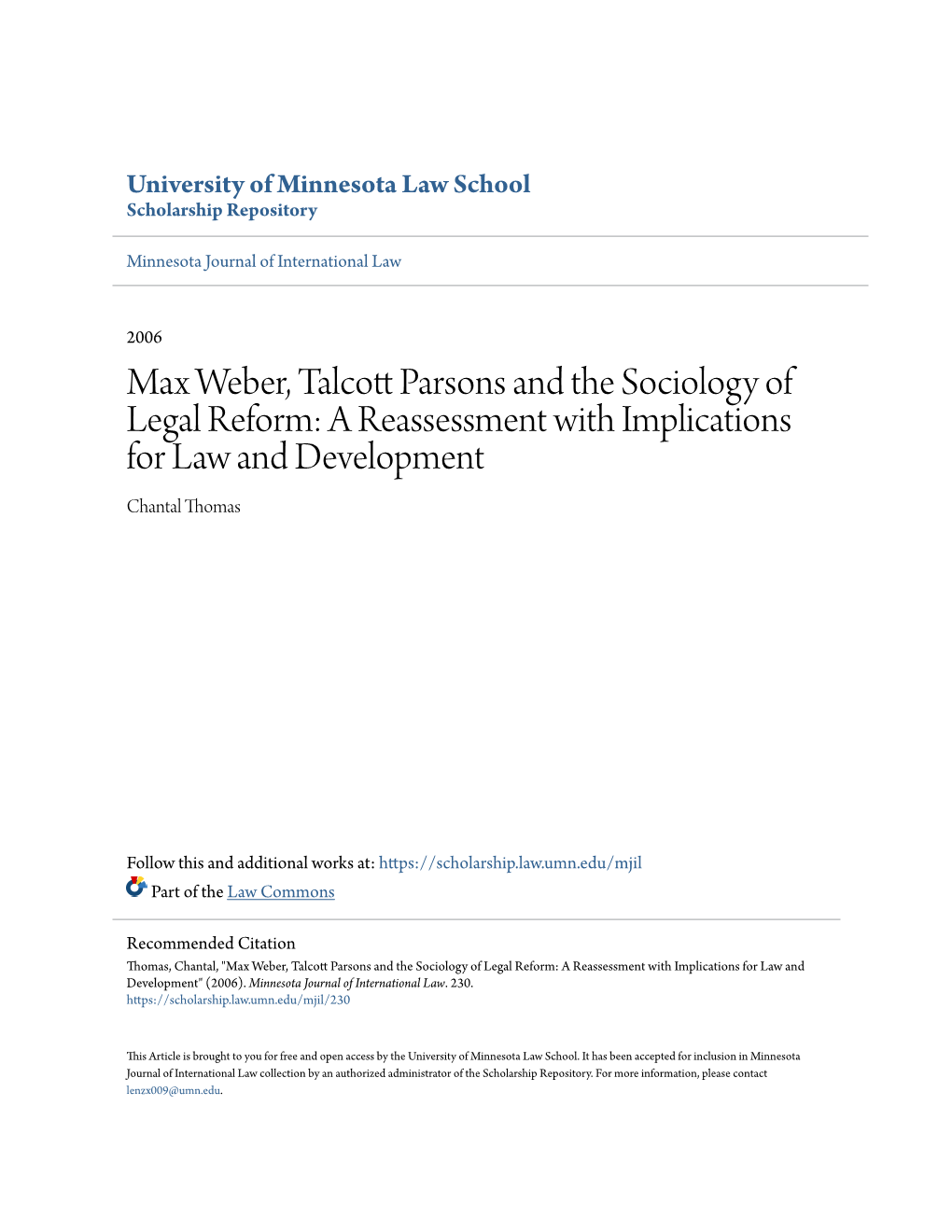 Max Weber, Talcott Parsons and the Sociology of Legal Reform: a Reassessment with Implications for Law and Development