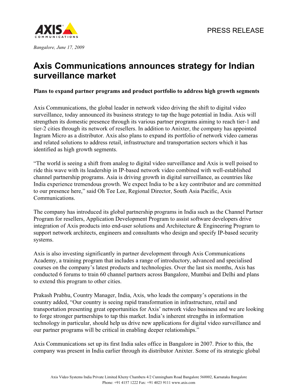 Axis Communications Announces Strategy for Indian Surveillance Market
