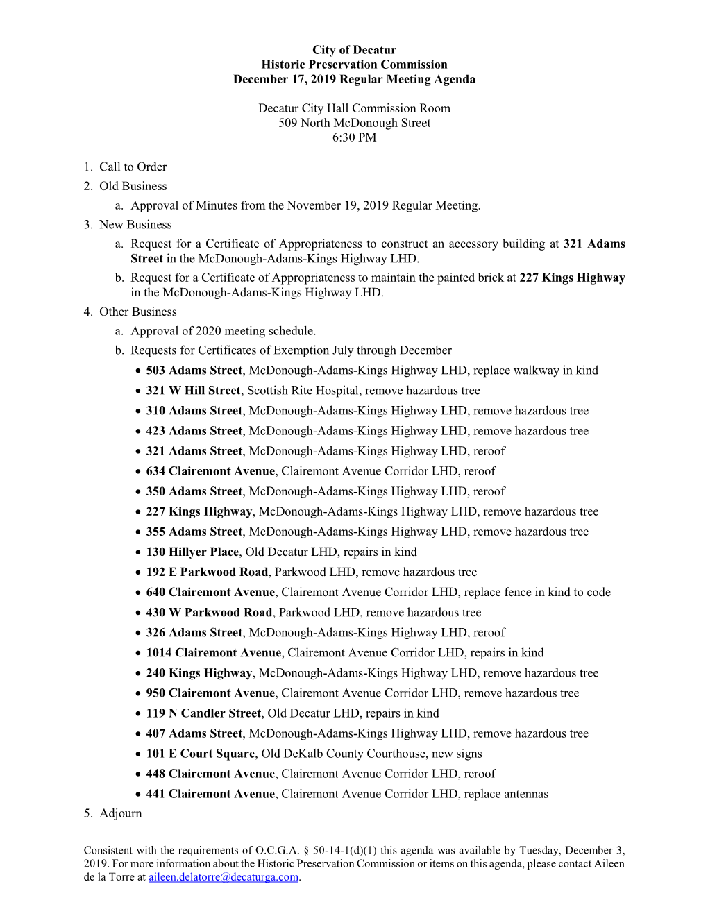 City of Decatur Historic Preservation Commission December 17, 2019 Regular Meeting Agenda Decatur City Hall Commission Room