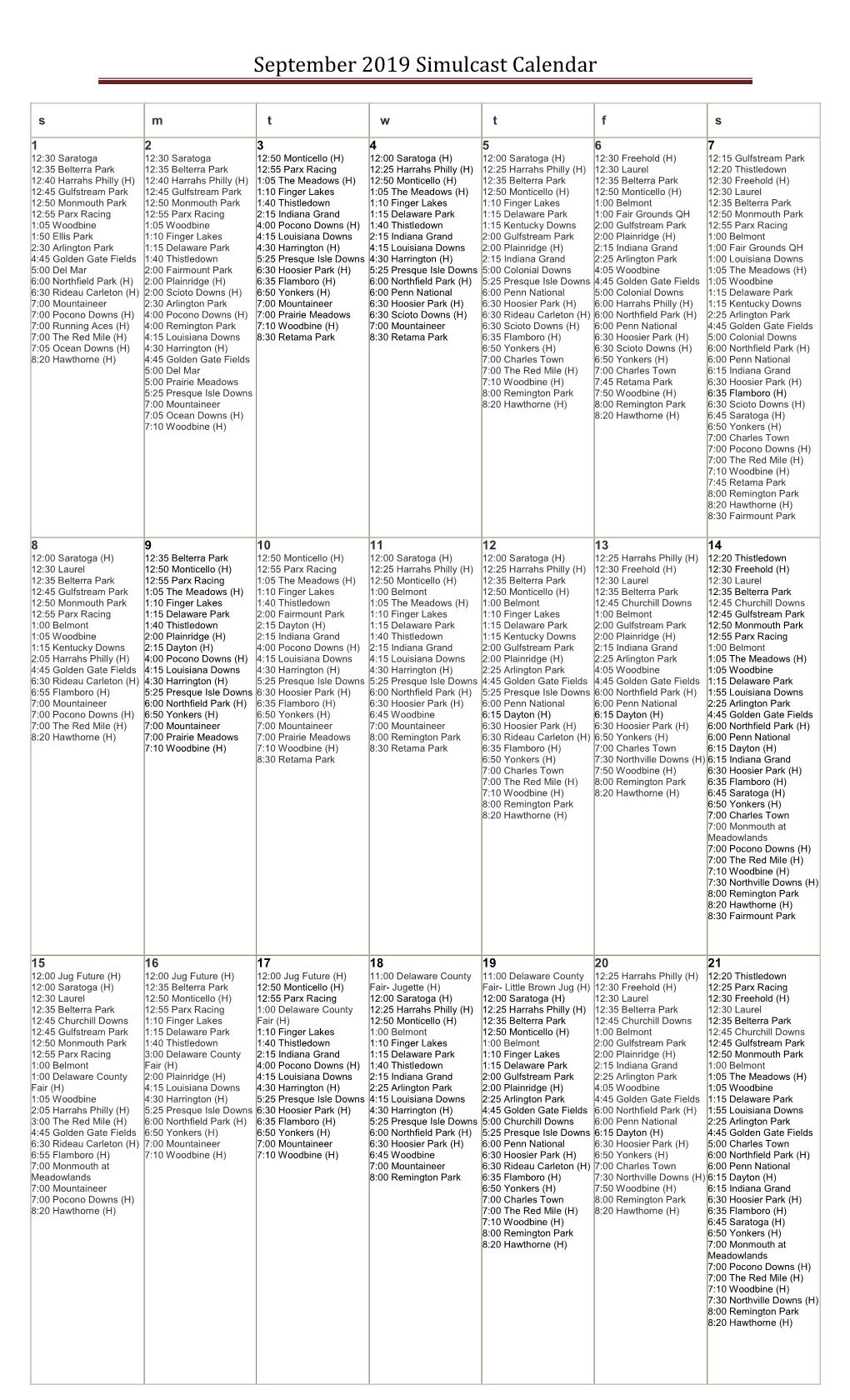 September 2019 Simulcast Calendar