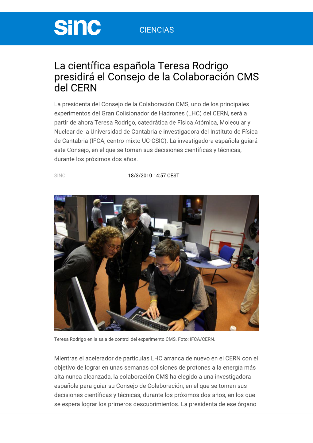 La Científica Española Teresa Rodrigo Presidirá El Consejo De La Colaboración CMS Del CERN