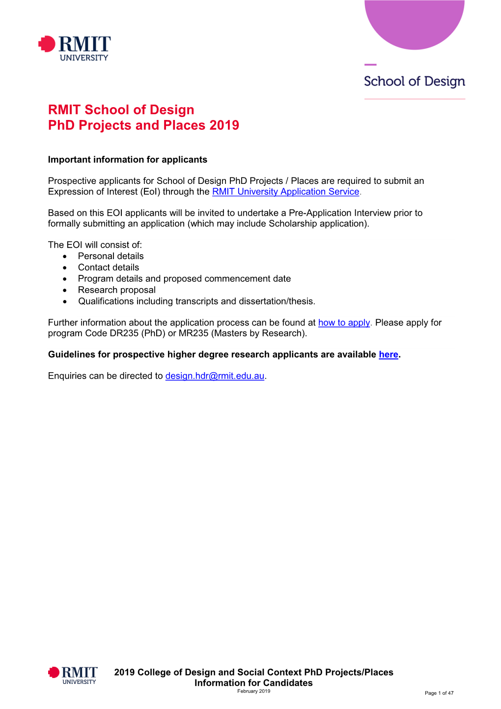 RMIT School of Design Phd Projects and Places 2019