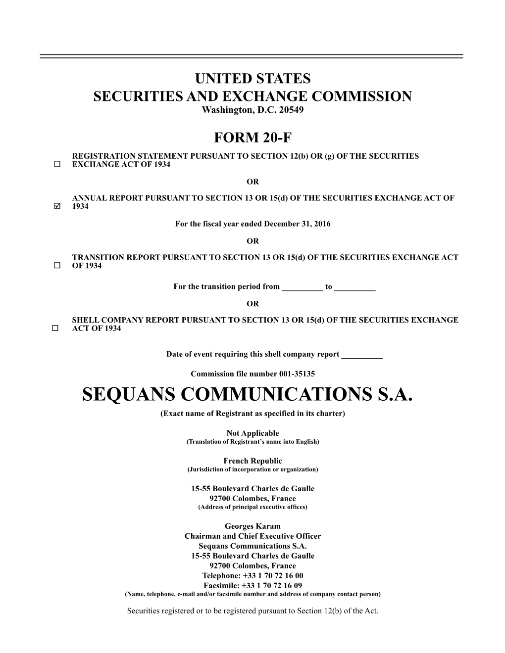 Sequans Communications-Form 20-F 2016