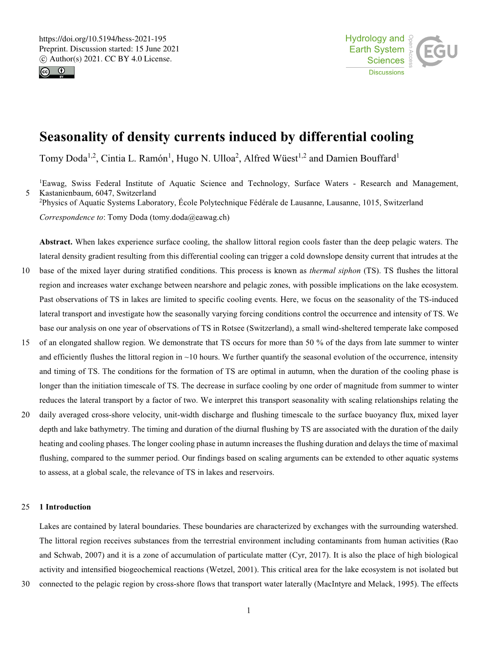 Seasonality of Density Currents Induced by Differential Cooling Tomy Doda1,2, Cintia L