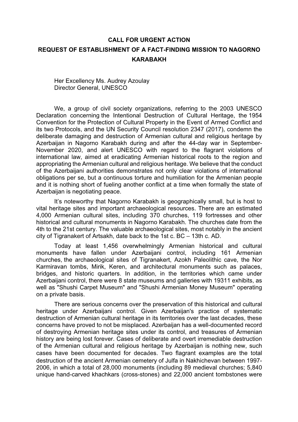 CALL for URGENT ACTION REQUEST of ESTABLISHMENT of a FACT-FINDING MISSION to NAGORNO KARABAKH Her Excellency Ms. Audrey Azoulay