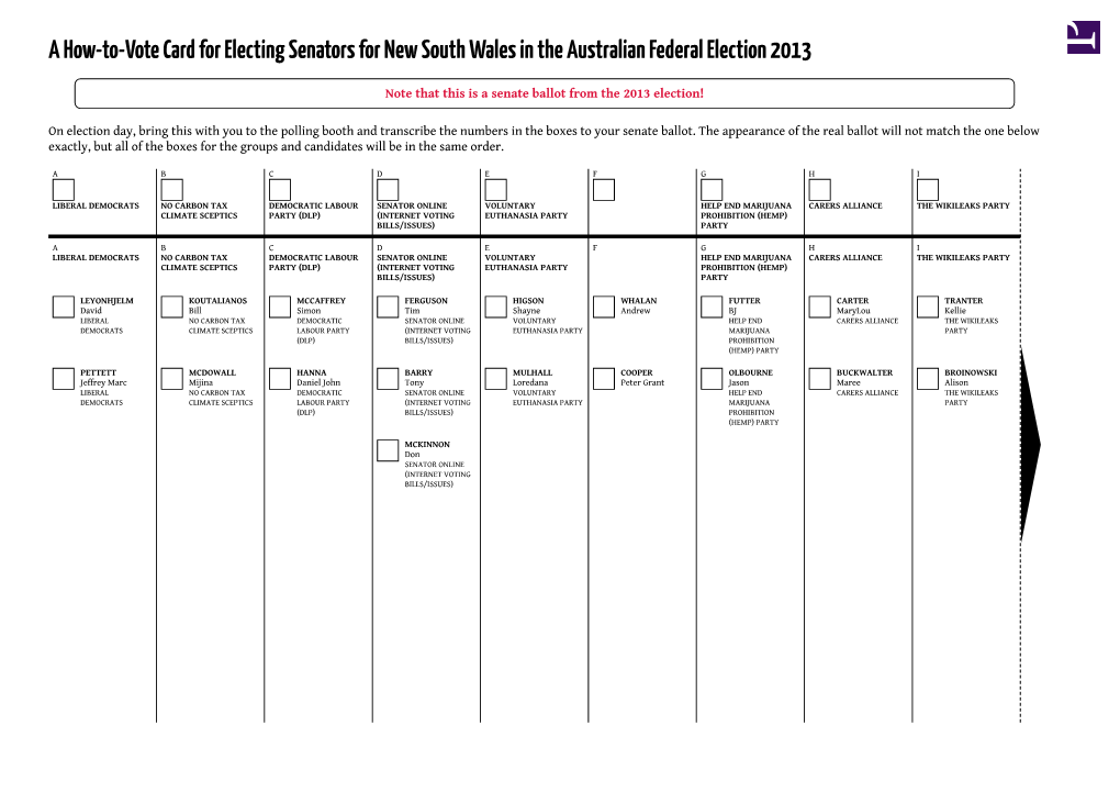 A How-To-Vote Card for Electing Senators for New South Wales in the Australian Federal Election 2013