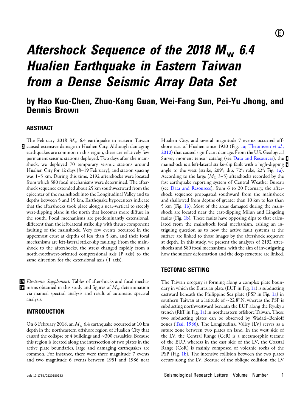 Aftershock Sequence of the 2018 Mw 6.4 Hualien Earthquake in Eastern