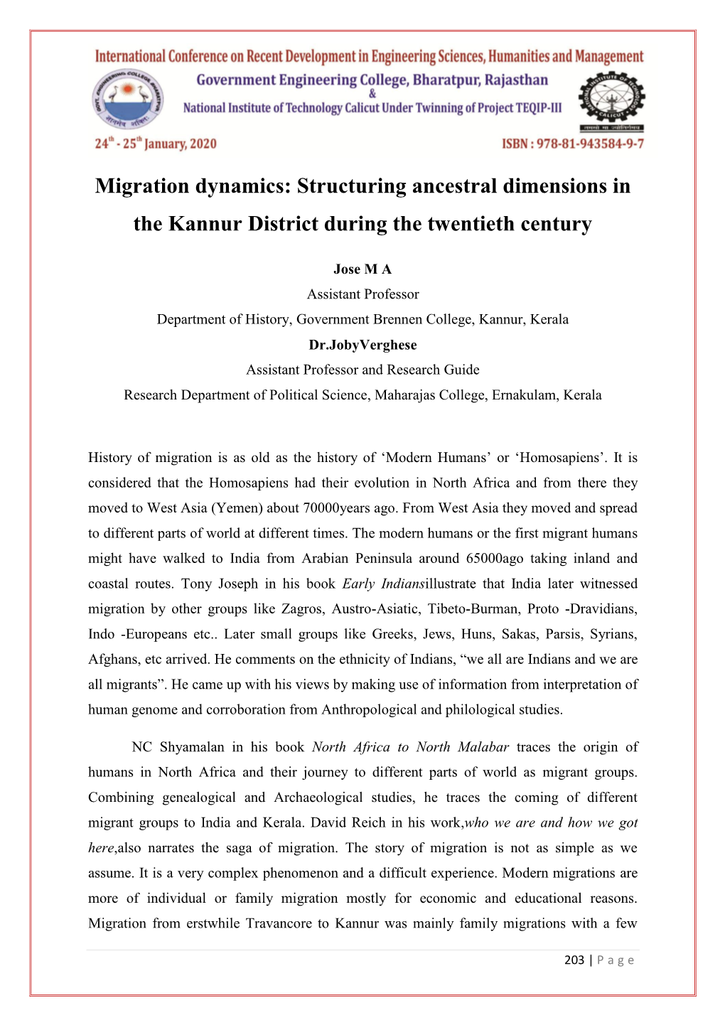 Migration Dynamics: Structuring Ancestral Dimensions in the Kannur District During the Twentieth Century