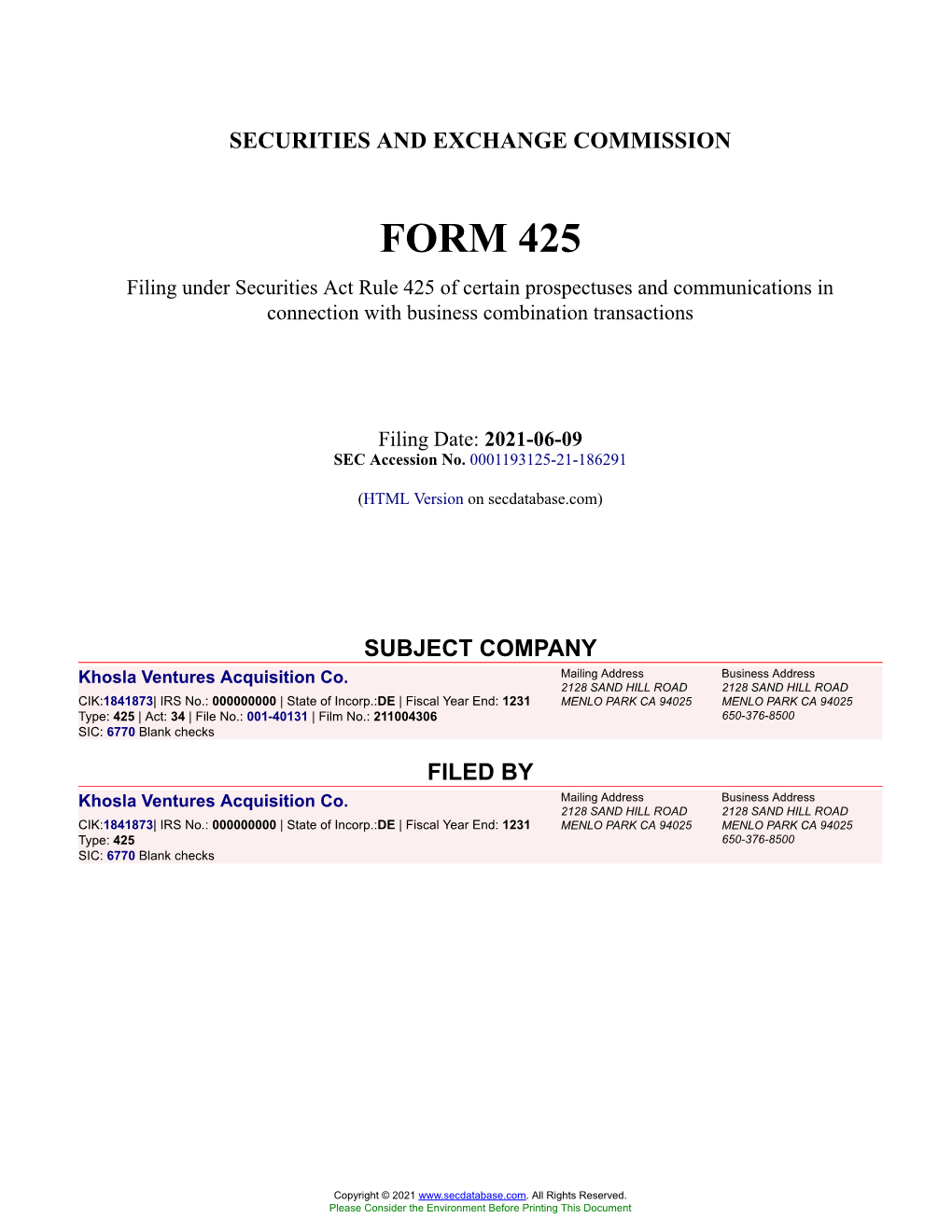 Khosla Ventures Acquisition Co. Form 425 Filed 2021-06-09