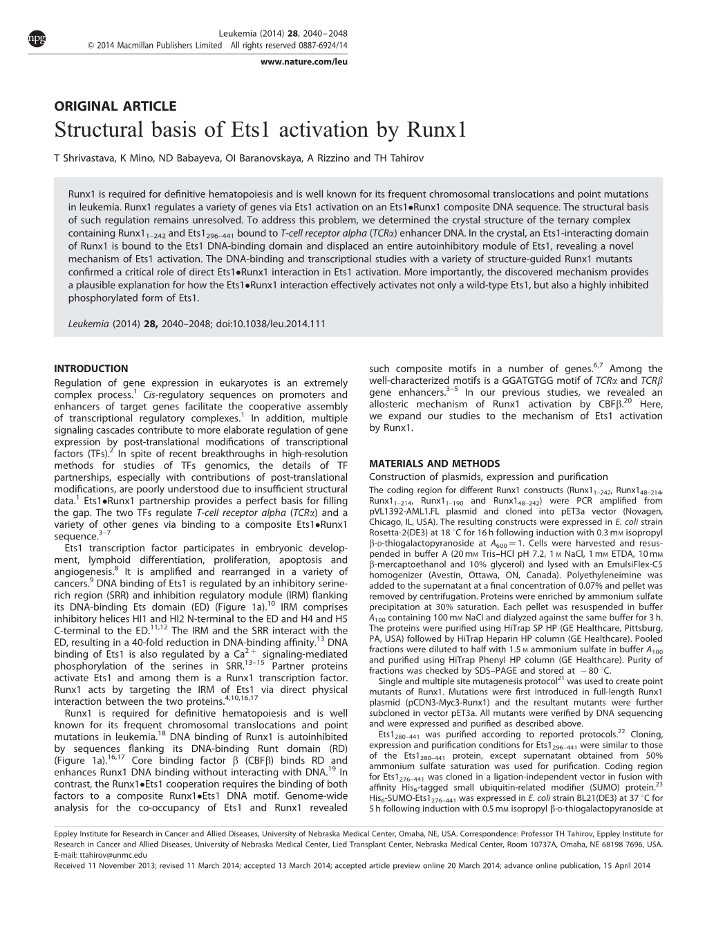 Structural Basis of Ets1 Activation by Runx1