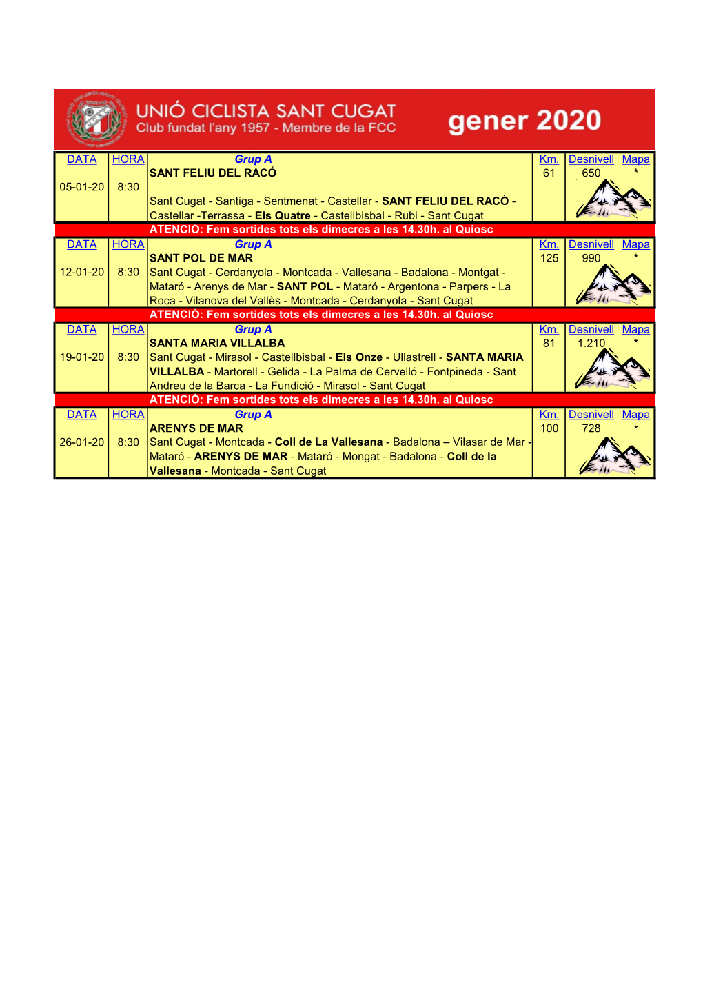 DATA HORA Grup a Km. Desnivell Mapa SANT FELIU DEL RACÓ 61 650 * 05-01-20 8:30 ATENCIÓ: Fem Sortides Tots Els Dimecres a Les 1