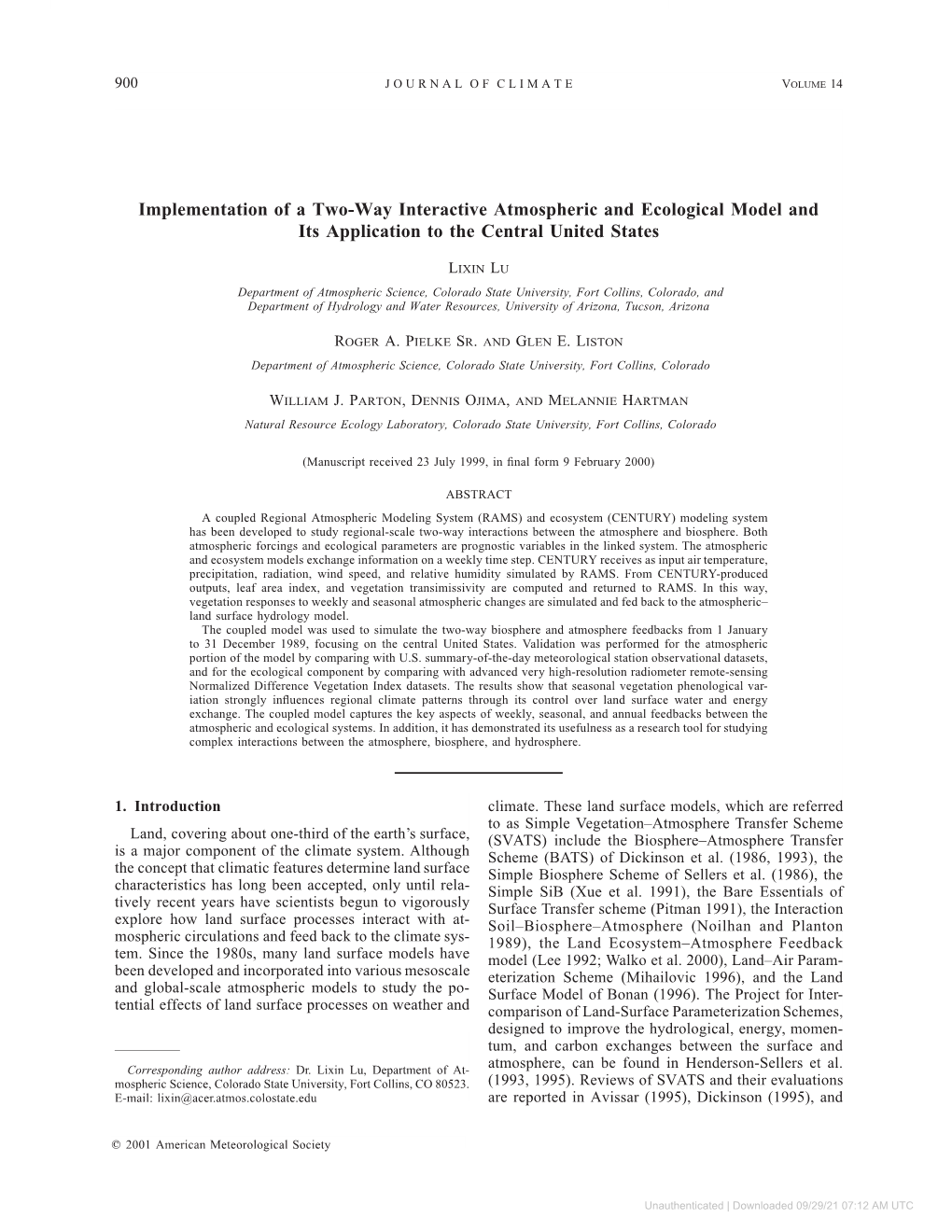 Implementation of a Two-Way Interactive Atmospheric and Ecological Model and Its Application to the Central United States