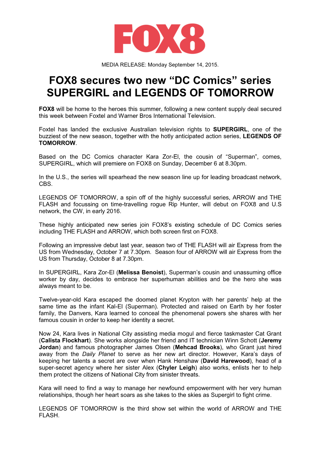 FOX8 Secures Two New “DC Comics” Series SUPERGIRL and LEGENDS of TOMORROW