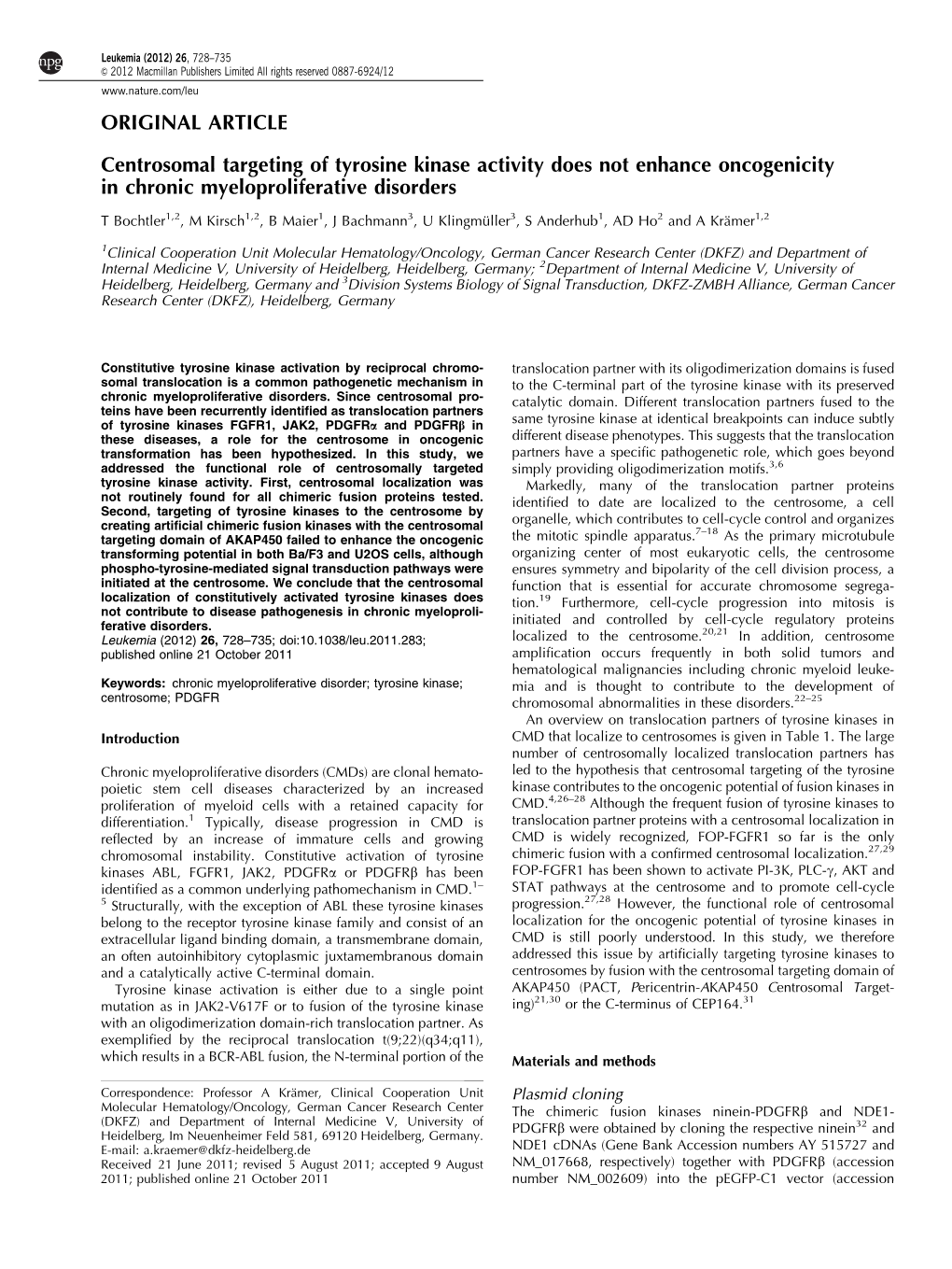 Centrosomal Targeting of Tyrosine Kinase Activity Does Not Enhance Oncogenicity in Chronic Myeloproliferative Disorders
