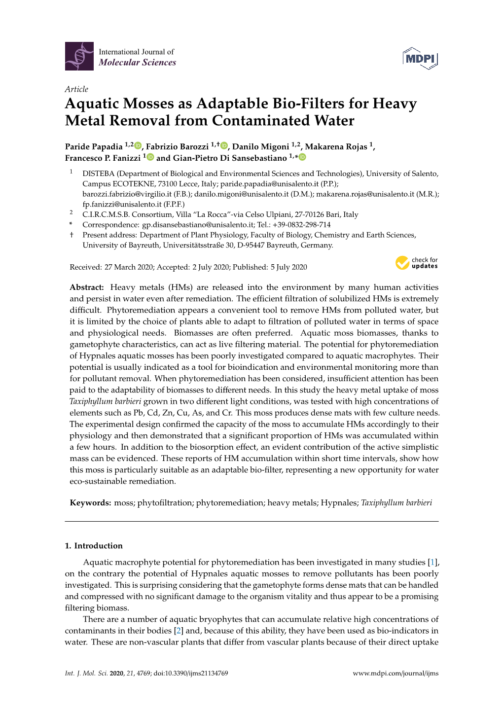 Aquatic Mosses As Adaptable Bio-Filters for Heavy Metal Removal from Contaminated Water